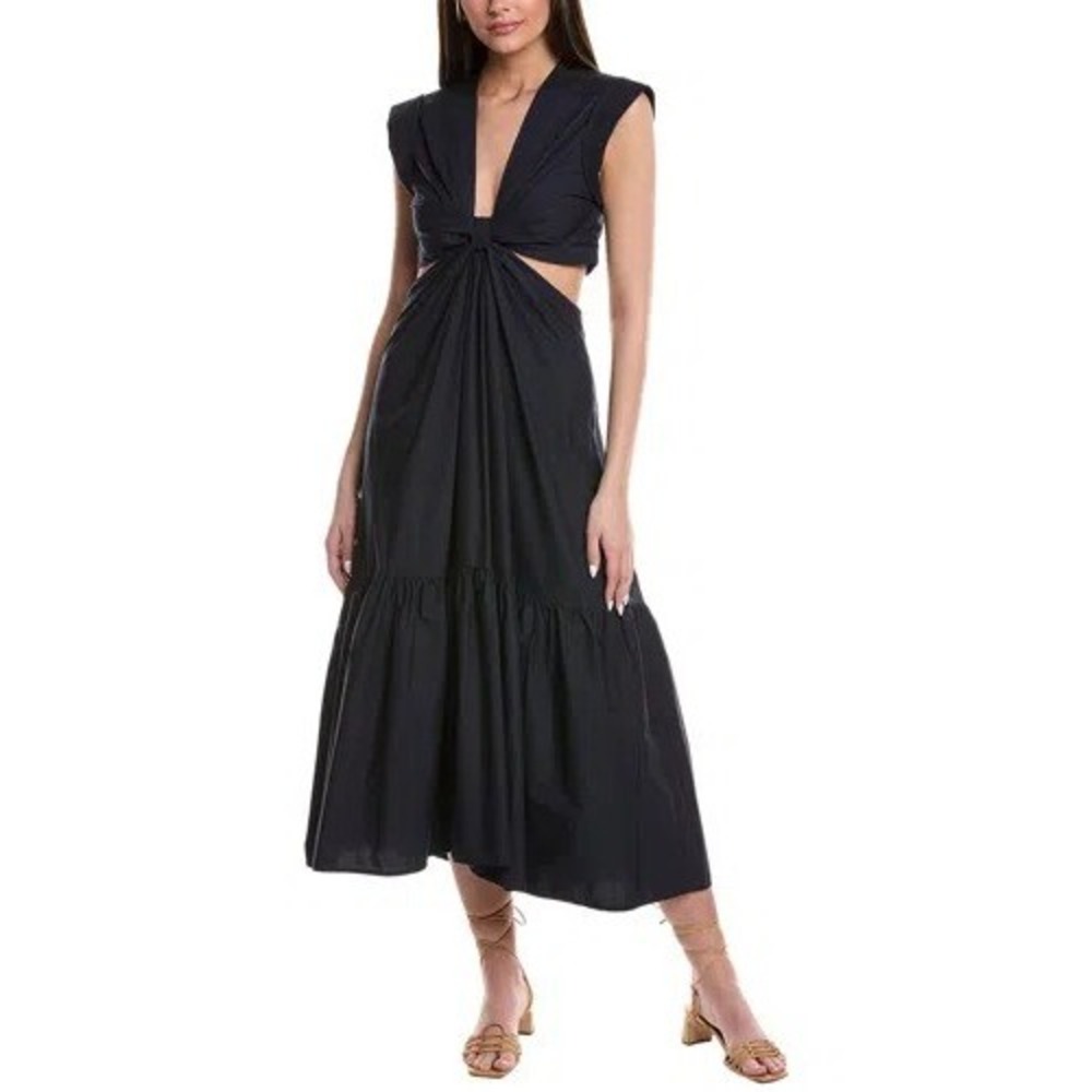 A.L.C. Alexandria Cutout‎ Midi Dress Black Fit Flare Gathered Bodice Ruffle Sz 0
